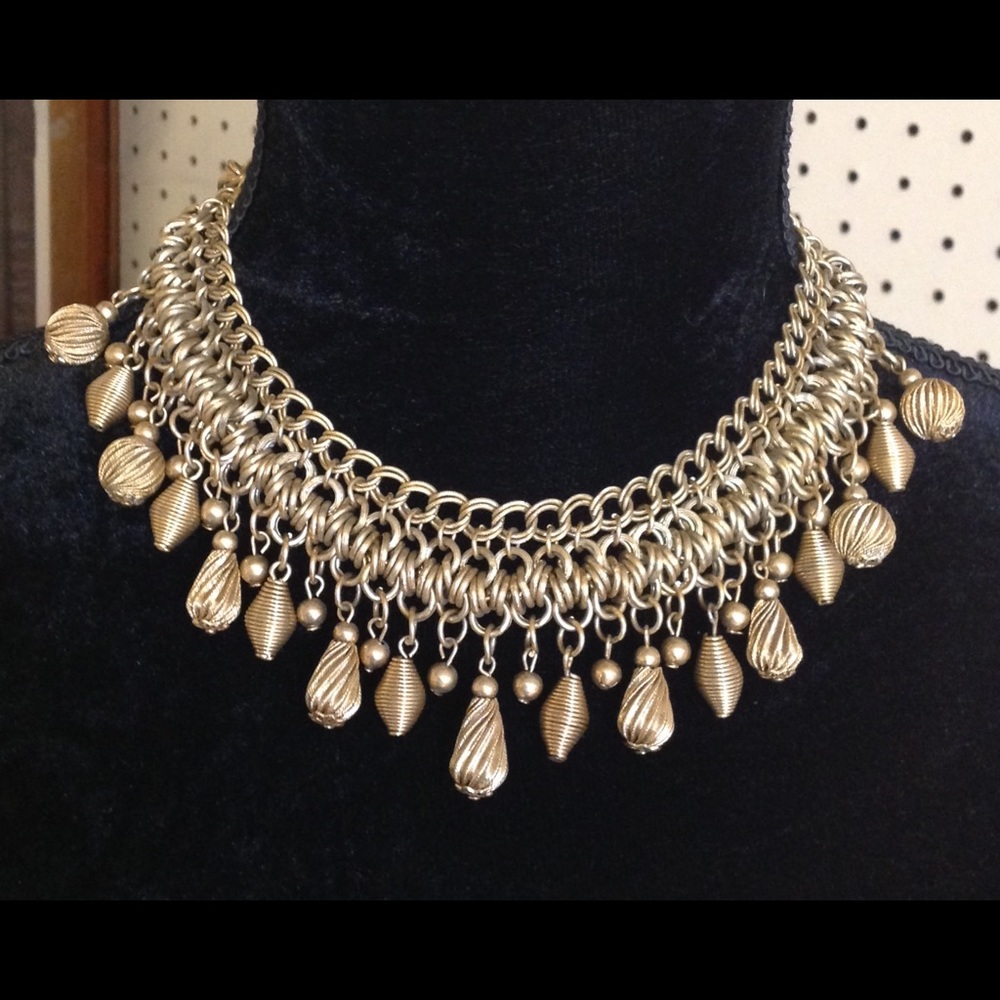 Vintage Antiqued Gold Fringe Bib Necklace Art Deco